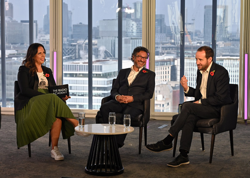 Aasmah Mir interviews BBC Radio 4 Controller Mohit Bayaka and NewsUK's Head of Speech Liam Fisher at the Radio Academy Festival 2021 in News UK Building on Wednesday 3 Nov. 2021 Photos by Mark Allan